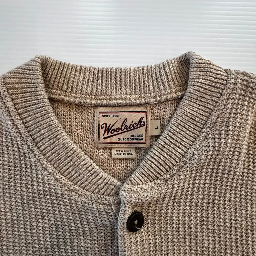 Woolrich Henley Sweater Men's L Oatmeal Beige Waffle Knit Thermal Cotton Cozy